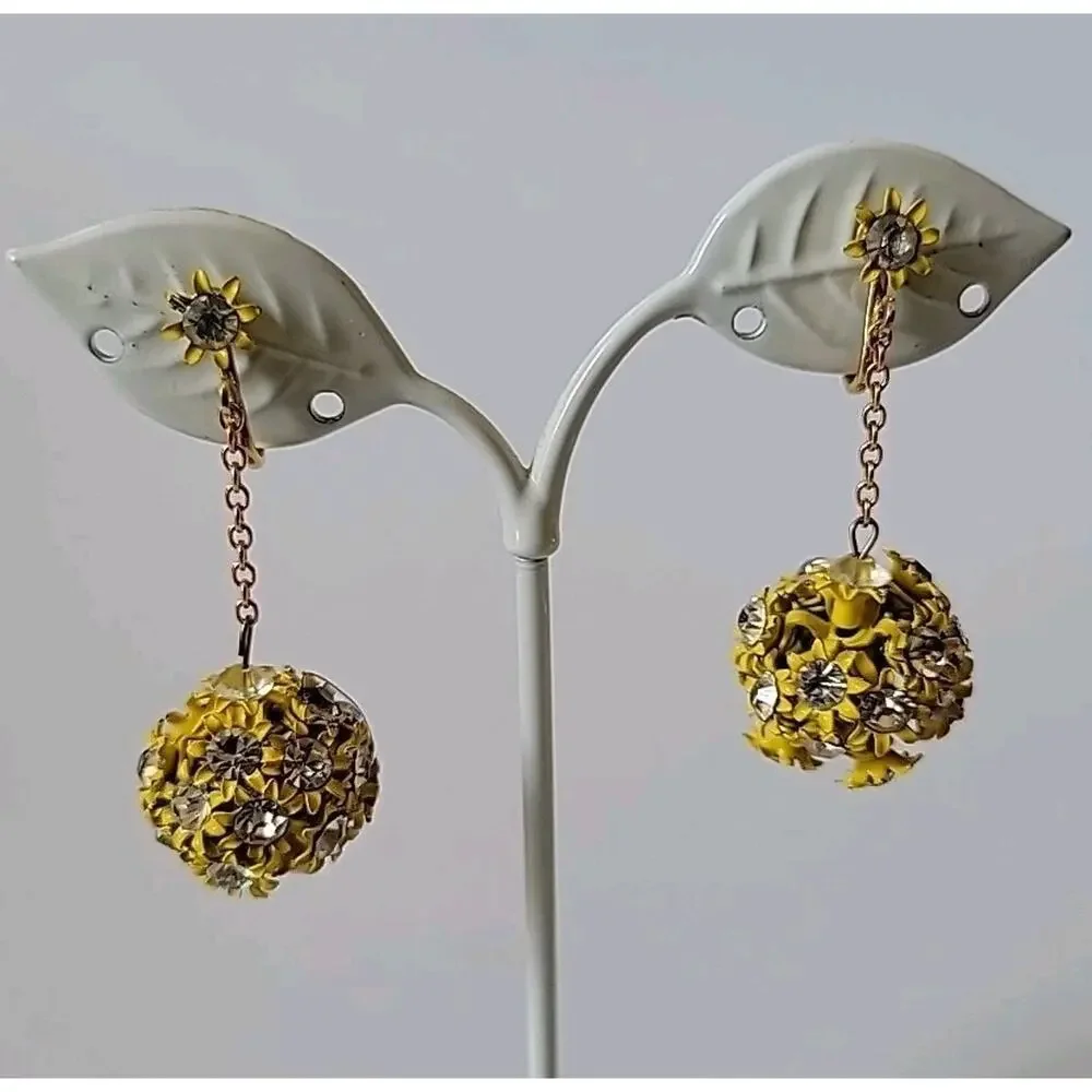 Vintage 60s Yellow Enameled Filigree Globe Drop Clip‎ On Earrings Billie Eilish